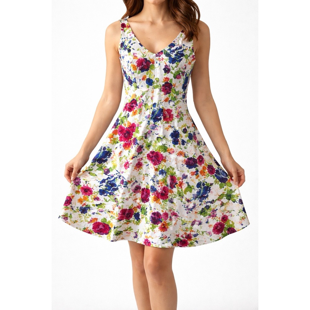CHAPS Dress‎ 16 White Floral Fit & Flare Cotton Stretch Sleeveless V-Neck Zip - Picture 9 of 11